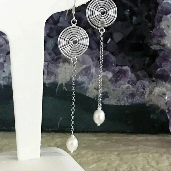 Coiled Pearl Earrings,Shoulder duster Earrings,White Pearl Earrings,Long Earring - Picture 3 of 4